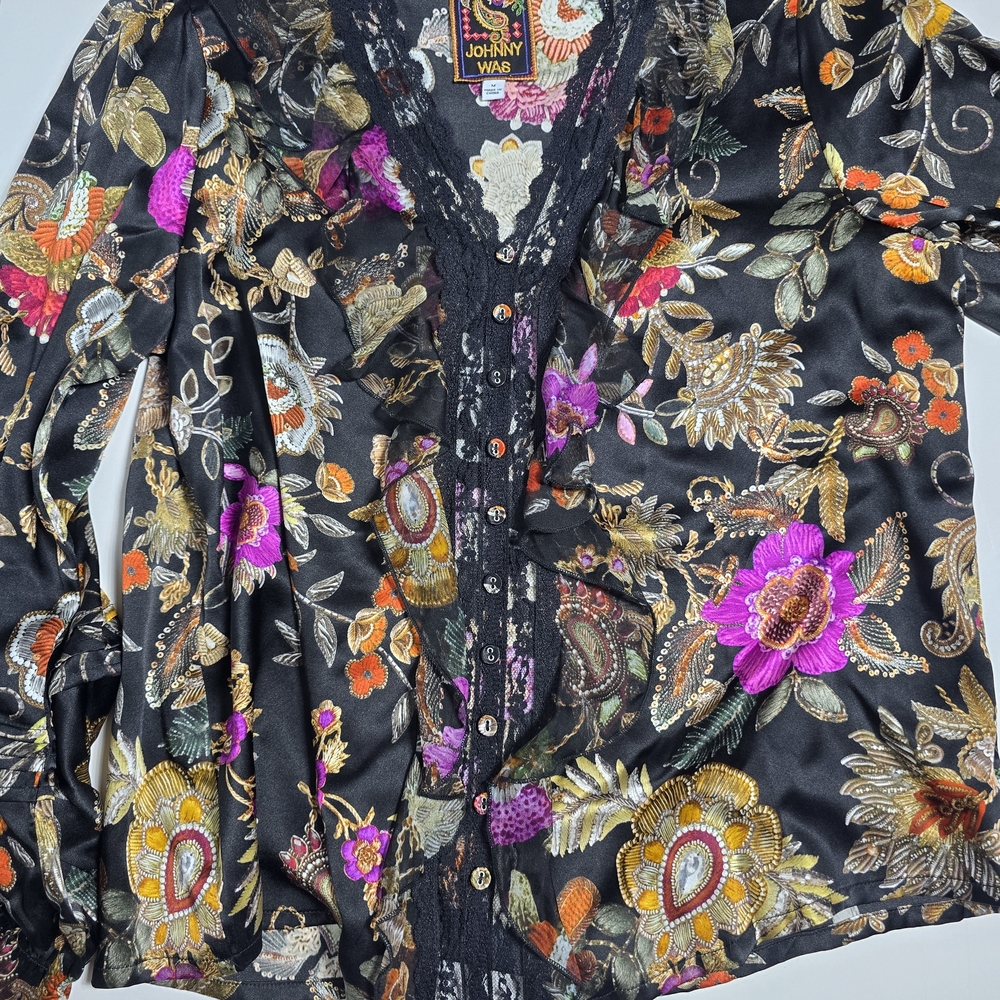 Johnny Was Claudia Black Floral Button-Front Peasant Blouse - Picture 3 of 6